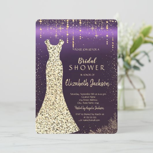Gold Sequins Dress, Confetti Lila Brautparty Einladung (Stehend Vorderseite)