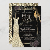 Gold Sequins Dress Dark Rose 50. Geburtstag Einladung (Vorne/Hinten)