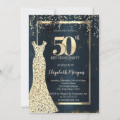 Gold Sequins Dress Frame, Dunkelblau 50. Geburtsta Einladung (Vorderseite)
