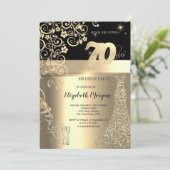 Gold Sequins Dress Glass Blume 70. Geburtstag Einladung (Stehend Vorderseite)