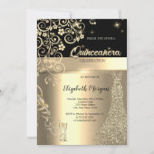 Gold Sequins Dress Glass Floral Quinceanera Einladung (Vorderseite)
