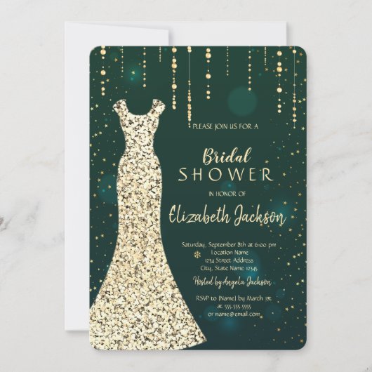 Gold Sequins Dress, grünes Brautparty Einladung (Vorderseite)
