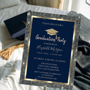 Gold Sequins Graduation Cap Navy Blue Abschluss Einladung