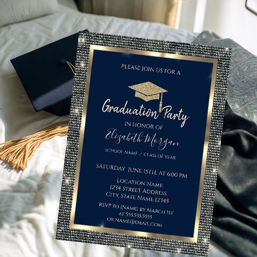 Gold Sequins Graduation Cap Navy Blue Abschluss Einladung