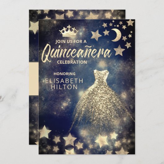 Gold Sequins Kleid Moon Stars Quinceañera Blau Einladung (Vorne/Hinten)