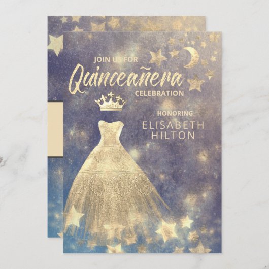 Gold Sequins Kleid Moon Stars Quinceañera Einladung (Vorne/Hinten)