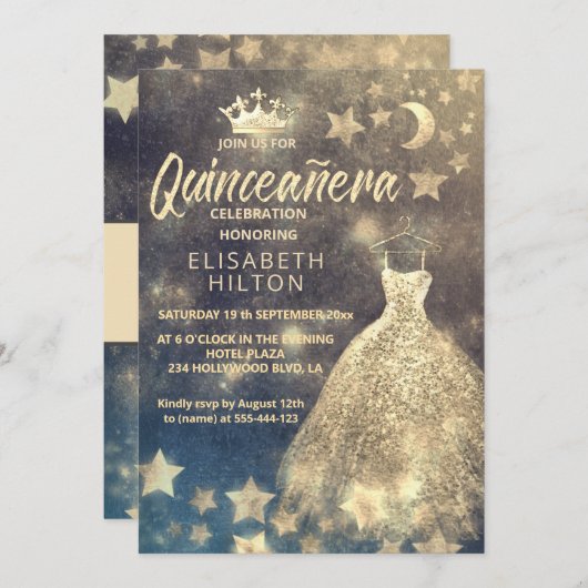 Gold Sequins Kleid Moon Stars Quinceañera Einladung (Vorne/Hinten)