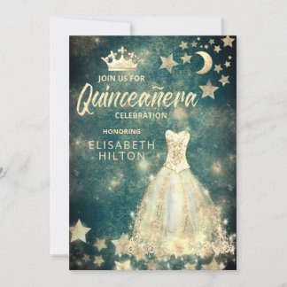 Gold Sequins Kleid Moon Stars Quinceañera grün Einladung