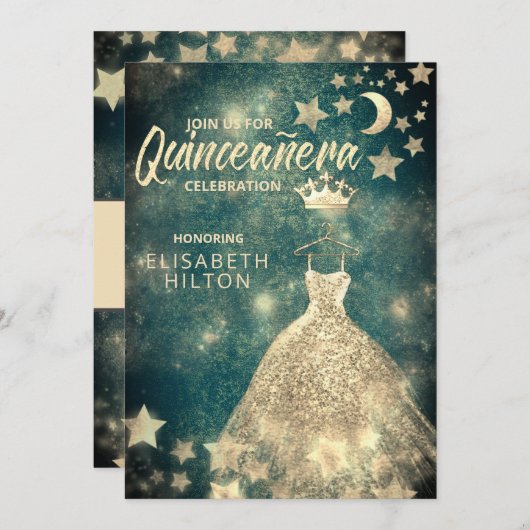 Gold Sequins Kleid Moon Stars Quinceañera grün Einladung (Vorne/Hinten)