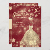 Gold Sequins Kleid Moon Stars Quinceañera Rot Einladung (Vorne/Hinten)