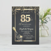 Gold Sequins,Wine Glass Bottle Gray 85th  Einladung (Stehend Vorderseite)
