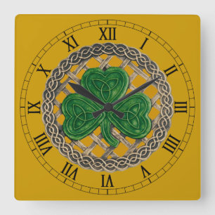 Gold Shamrock & Celtic Knots Roman Numeral Clock Quadratische Wanduhr