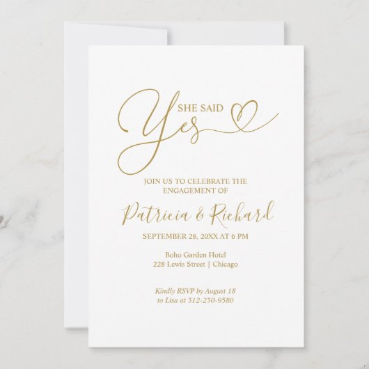 Gold she Said Yes Engagement Party Einladung (Vorderseite)