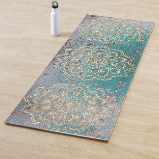 Gold Shimmery Triple Mandala auf Aquamarin Yogamatte
