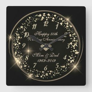 Gold Shiny Confetti, Black 50 th Wedding Jubiläum Quadratische Wanduhr