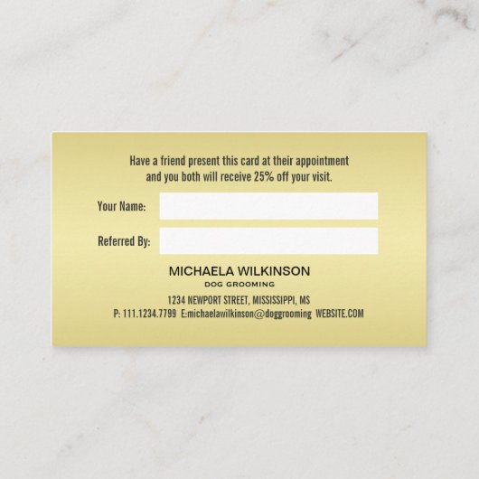Gold Shiny Dog Paw auf Black Pet Grooming Service Empfehlungskarte (Rückseite)