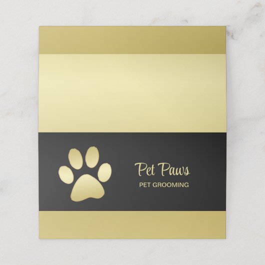 Gold Shiny Dog Paw auf Black Pet Grooming Service Terminkarte (Außenseite Aufgefaltet)