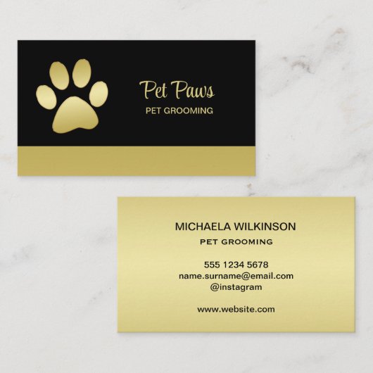 Gold Shiny Dog Paw auf Black Pet Grooming Service Visitenkarte (Vorne/Hinten)