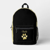 Gold Shiny Dog Paw auf schwarzem Hintergrund Bedruckter Rucksack (Vorderseite)