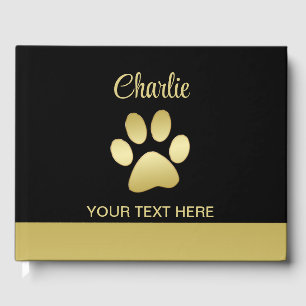Gold Shiny Dog Paw auf schwarzem Hintergrund Gästebuch