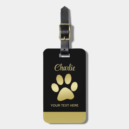 Gold Shiny Dog Paw auf schwarzem Hintergrund Gepäckanhänger (Vorderseite vertikal)