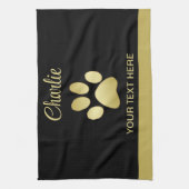 Gold Shiny Dog Paw auf schwarzem Hintergrund Geschirrtuch (Vertikal)