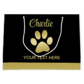 Gold Shiny Dog Paw auf schwarzem Hintergrund Große Geschenktüte (Vorderseite)