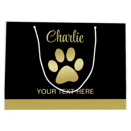 Gold Shiny Dog Paw auf schwarzem Hintergrund Große Geschenktüte (Rückseite)