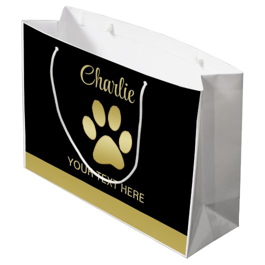 Gold Shiny Dog Paw auf schwarzem Hintergrund Große Geschenktüte (Rückseite Schrägansicht)