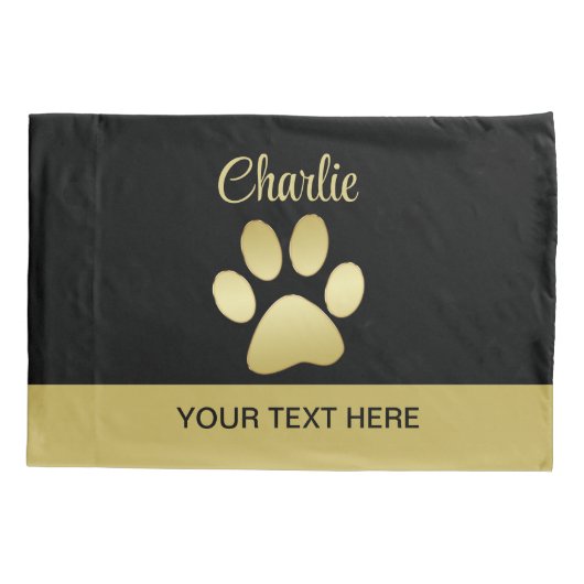 Gold Shiny Dog Paw auf schwarzem Hintergrund Kissenbezug (Rückseite)