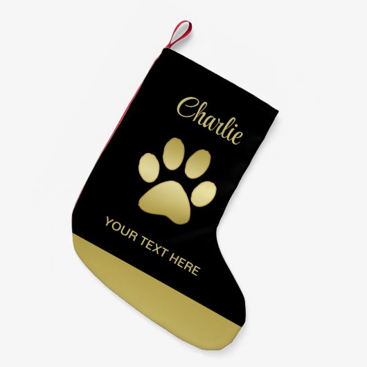 Gold Shiny Dog Paw auf schwarzem Hintergrund Kleiner Weihnachtsstrumpf (Vorderansicht (hängend))