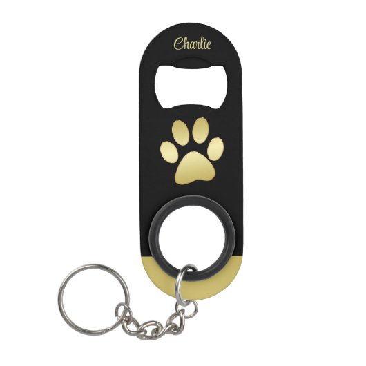 Gold Shiny Dog Paw auf schwarzem Hintergrund Mini Flaschenöffner (Vorderseite)