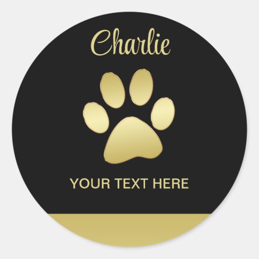 Gold Shiny Dog Paw auf schwarzem Hintergrund Runder Aufkleber (Vorderseite)