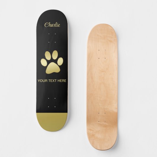 Gold Shiny Dog Paw auf schwarzem Hintergrund Skateboard (Vorderseite)