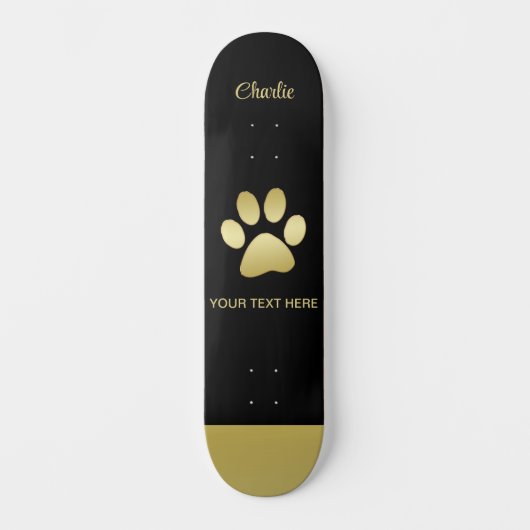 Gold Shiny Dog Paw auf schwarzem Hintergrund Skateboard (Vorderseite)