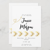 Gold Shiny Heart Arrow White Wedding Einladung (Vorne/Hinten)