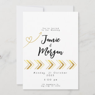 Gold Shiny Heart Arrow White Wedding Einladung