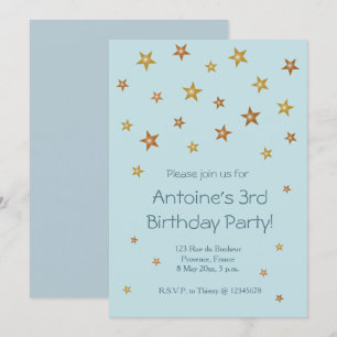Gold Shiny Stars Light Blue Baby Kindergeburtstag Einladung