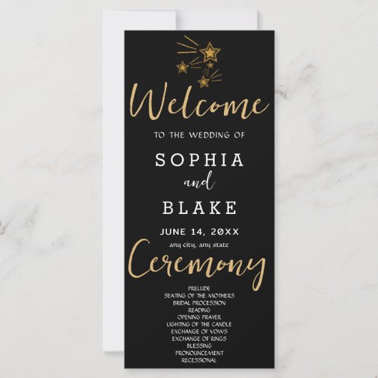 Gold Shooting Stars Black Wedding Programm (Vorderseite)
