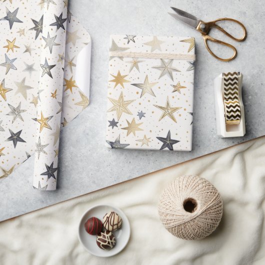 Gold Silber Blaue Sterne Geburtstag Geschenkpapier (Kunsthandwerk)