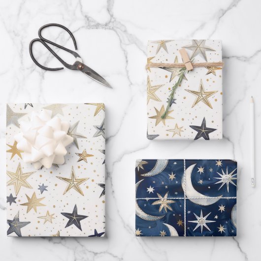 Gold Silber Blaue Sterne Geburtstag Geschenkpapier Set (Vorderseite)