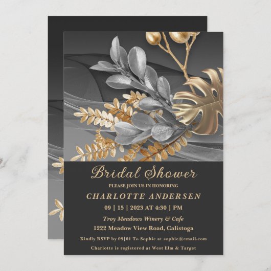 Gold & Silber Botanische Brautdusche Einladung (Vorne/Hinten)