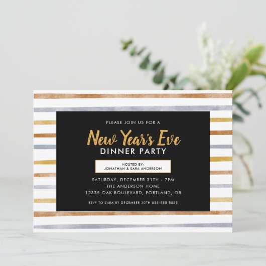 Gold Silber Bronze Streifen Neujahr Abendessen Par Einladung (Stehend Vorderseite)