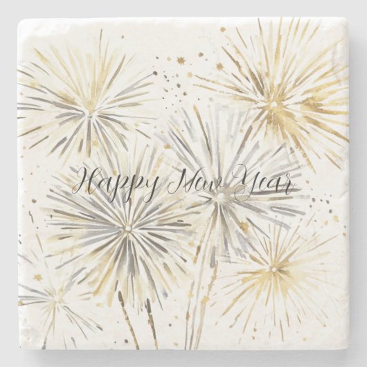Gold Silber Feuerwerk Silvester oder Neujahr Steinuntersetzer (Vorderseite)