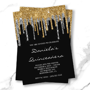 Gold Silber Glitter-Tropfen Schwarz Quinceañera Einladung