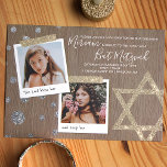 Gold & Silber Glitzer Bat Mitzvah Einladung<br><div class="desc">Scrapbook Stil Bat Mitzvah Einladung mit Zinn,  Gold und Silber Details. Niedliche quadratische Fotos mit Star of David Kunstwerk auf Imitaten Holzstruktur ist ein schönes Vintages Aussehen für Ihre Geburtstagsfeier. Auf Fotos geschriebene Überschriften können in jede beliebige Wortwahl geändert werden. Lade deine Fotos einfach in die Fotorahmen hoch.</div>
