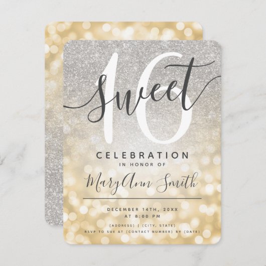 Gold & Silber Glitzer Lights Sweet 16. Einladung (Vorne/Hinten)
