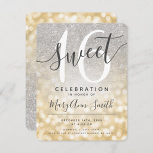 Gold & Silber Glitzer Lights Sweet 16. Einladung