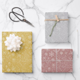 Gold, Silber, Rose Gold Doodle Weihnachtsmuster Geschenkpapier Set