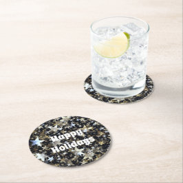 Gold & Silber Stars auf schwarzen Feiertagen Runder Pappuntersetzer